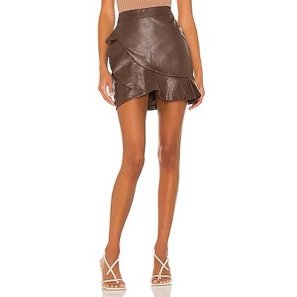 Revolve Majorelle Brown Faux Leather Ruffle Skirt